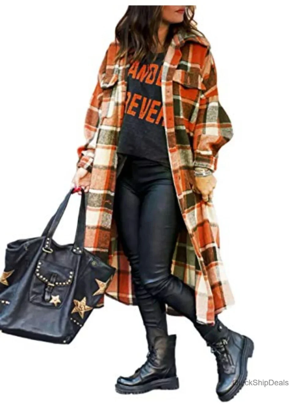 Wool Blend Plaid Flannel Trench Coat Women Button Down Long Shacket